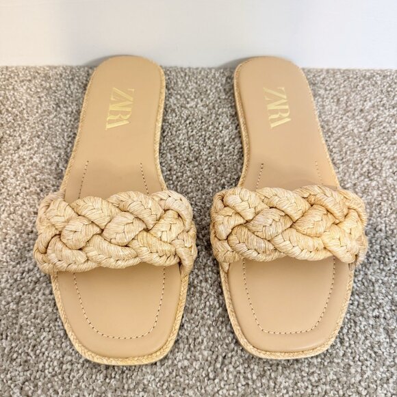 Zara Woven Raffia Slide Square Toe Flat Sandals Tan Boho Cottagecore Casual 39/9 - Picture 1 of 9